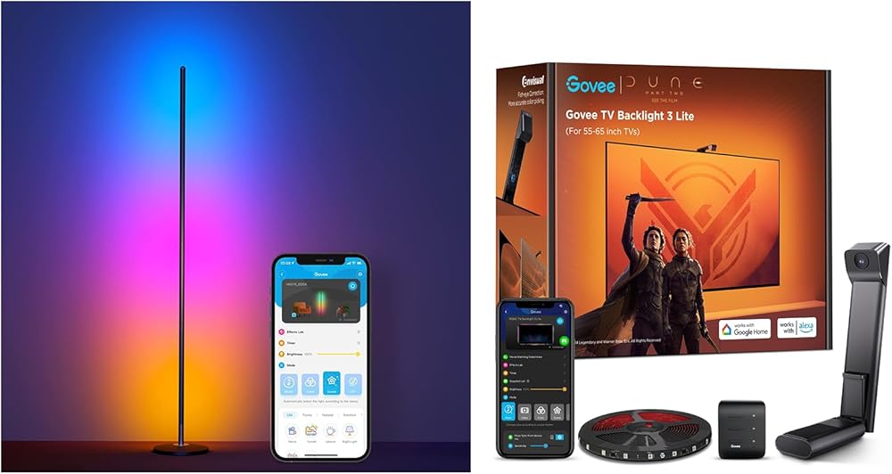 Govee RGBIC Floor Lamp, LED Corner Lamp Compatible with Alexa, Bundle RGBICW TV Backlight 3 Lite with Fish-Eye Function Sync to 55-65 Inch TVs