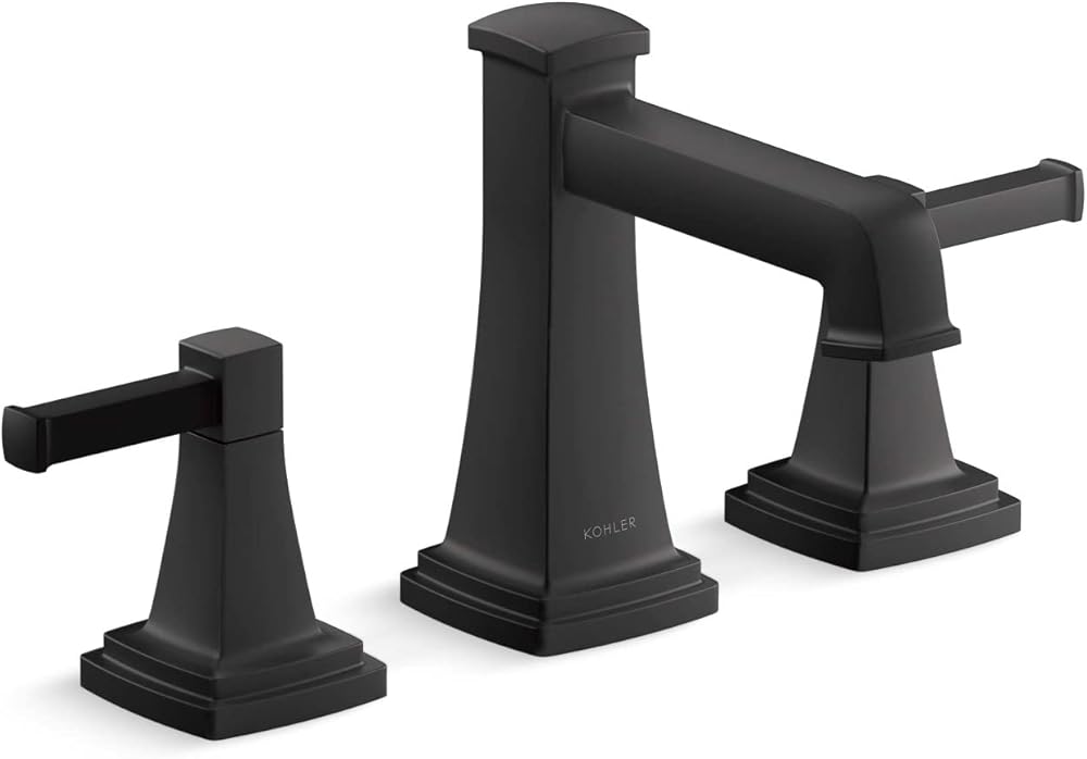 KOHLER 27399-4-BL Riff Widespread Bathroom Sink Faucet, 3 Hole Bathroom Faucets with Clicker Drain, 1.2 GPM, Matte Black
