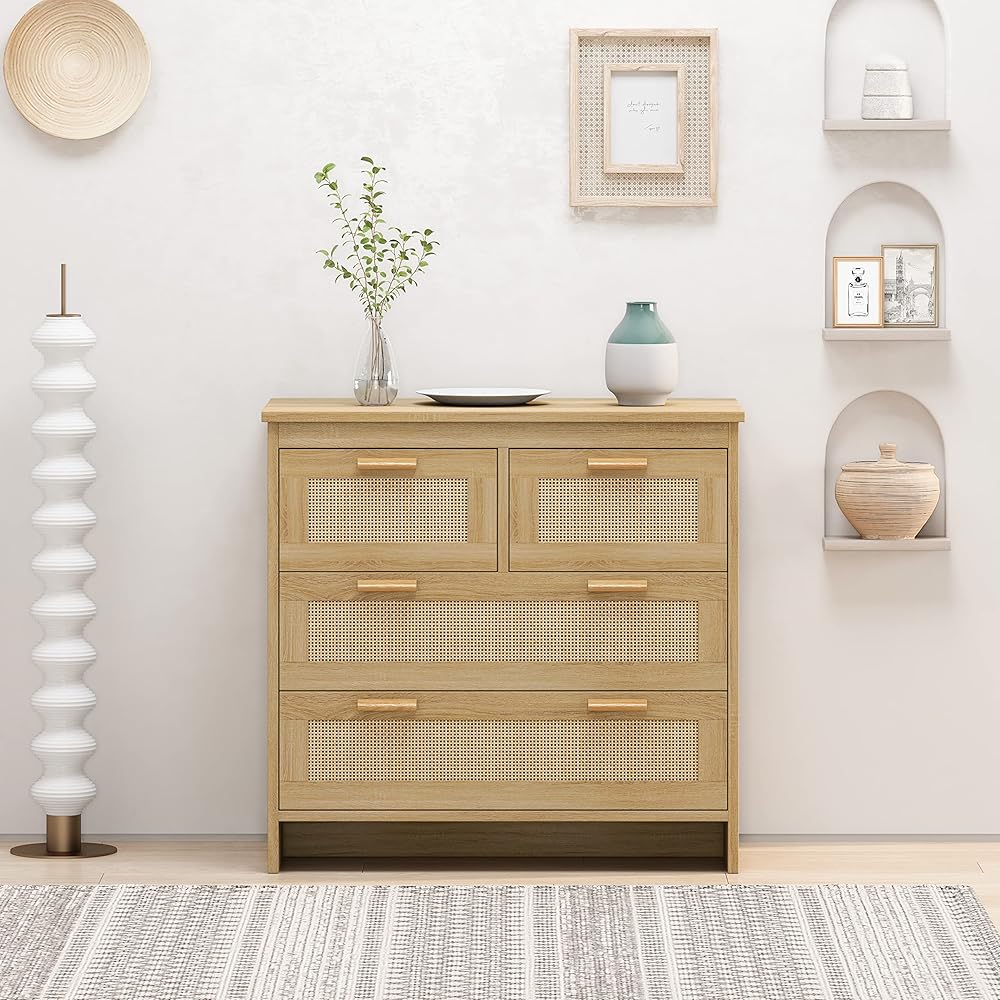 4 Drawers Storage Cabinet, Natural Rattan Dresser Sideboard Cabinet for Bedroom, Living Room,Dining Room,Hallways, Kitchen, Entryway(natural,Size:as shown)