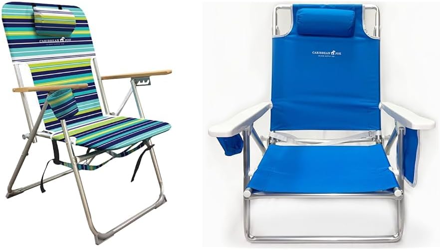 CARIBBEAN JOE 4 & 5 Position Folding Beach Chairs Bundle with Headrests, Cup Holders, Armrests, Shoulder & Backpack Straps