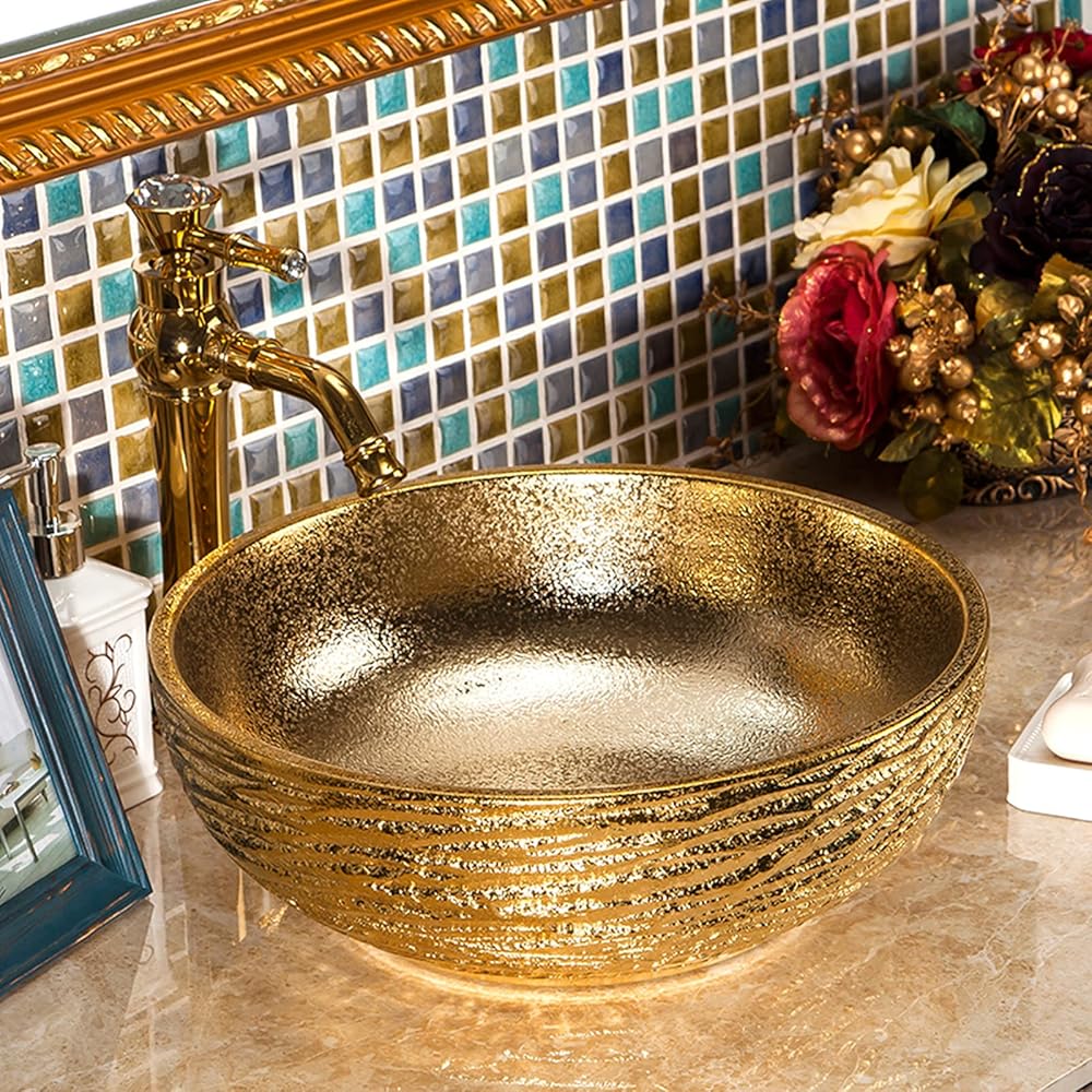Gold Bathroom Vessel Sink Luxury Golden Round Bowl and Hand Carved Ceramic Countertop Wash Basin from Jingdezhen Porcelain