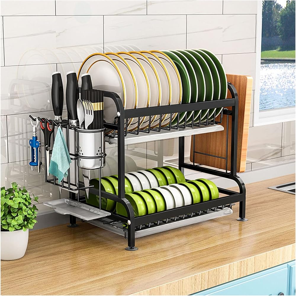 Dish Drying Rack Plate Bowl Cup Book Pot Lid Cutting Board Drying Rack Stand Drainer Storage Holder Organizer Kitchen Counter with Cutlery Holder