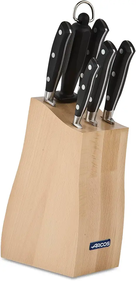 ARCOS Forged Block Knife Set 6 piece Nitrum Stainless Steel. 4055 gr. Multi-use Cooking Knife for Cutting Meat and Vegetables. Ergonomic Polyoxymethylene POM Handle. Series Riviera. Color Black.