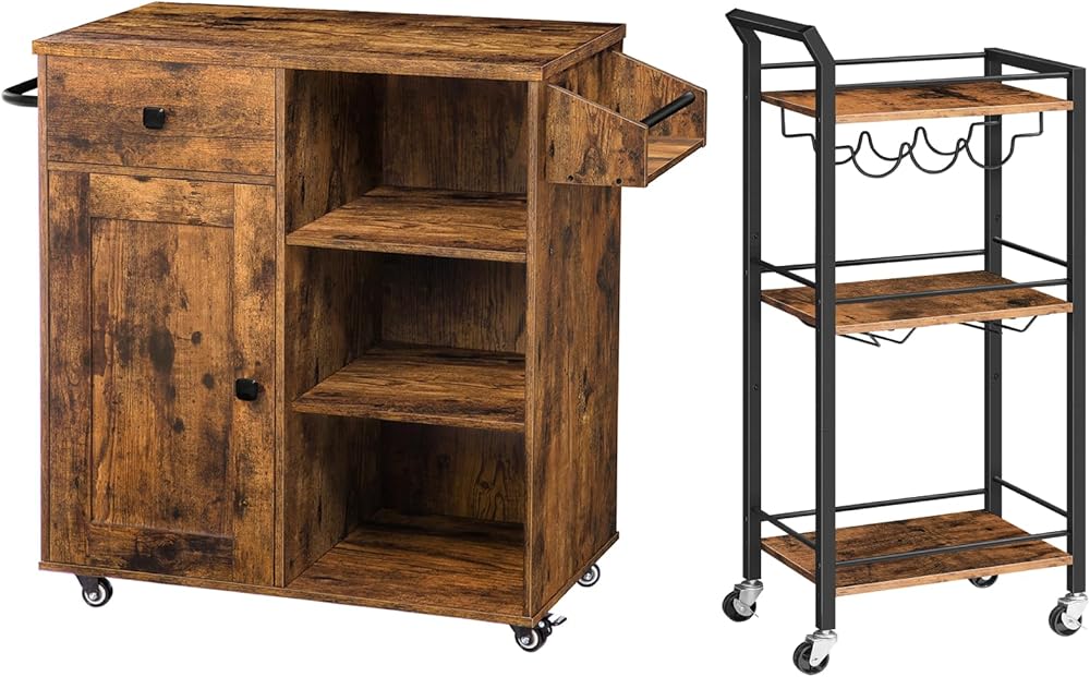 HOOBRO Kitchen Island and Bar Cart for The Home,torage Cabinet with Drawer,3-Tier Kitchen Cart with Wine Rack and Glass Holders for Living Room BF12ZD01-BF38TC01