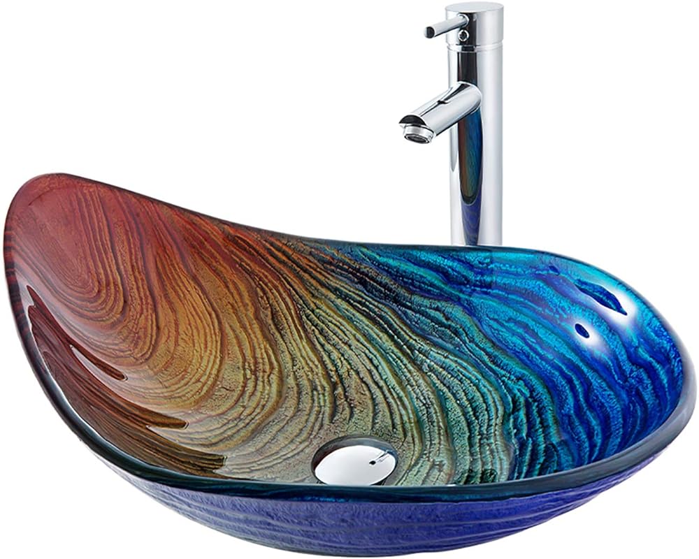 Bathroom Vessel Sink Tempered Glass Vessel Sink Water Drop Artistic Vessel Sink Vanity Counter Top Installation Bathroom Vanity Sinks with Pop up Drain, Chrome Tap,Rainbow