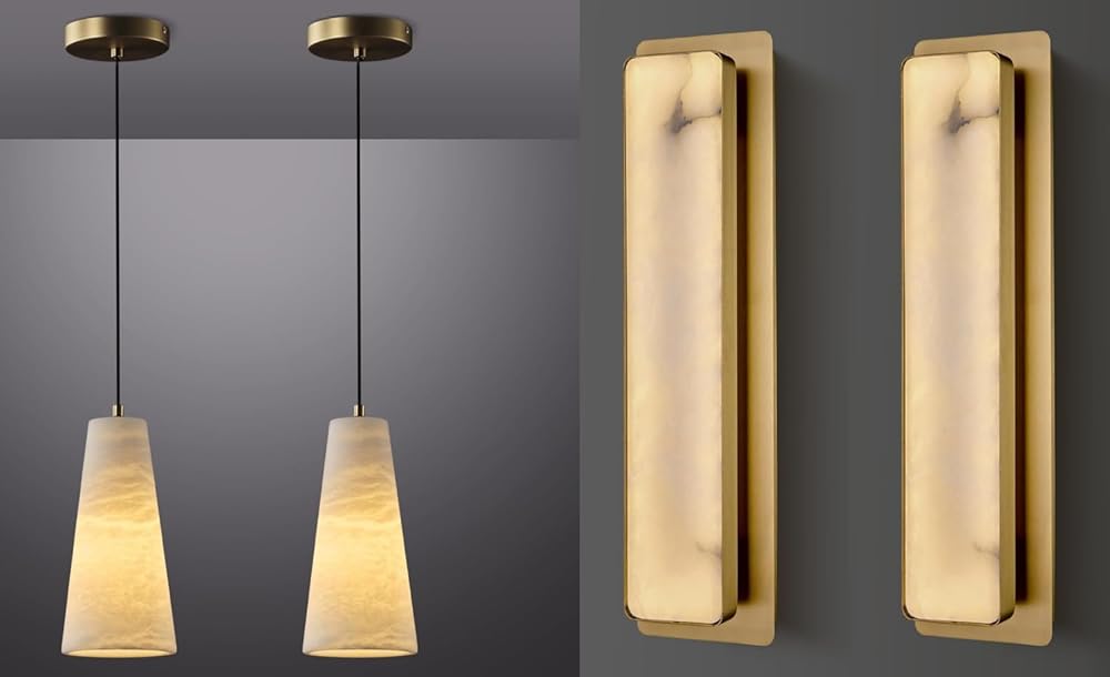 Natural Alabaster Pendant Lights Kitchen Island, 2Pack Gold Wall Sconces for Kitchen Dining Room Bedroom Bathroom