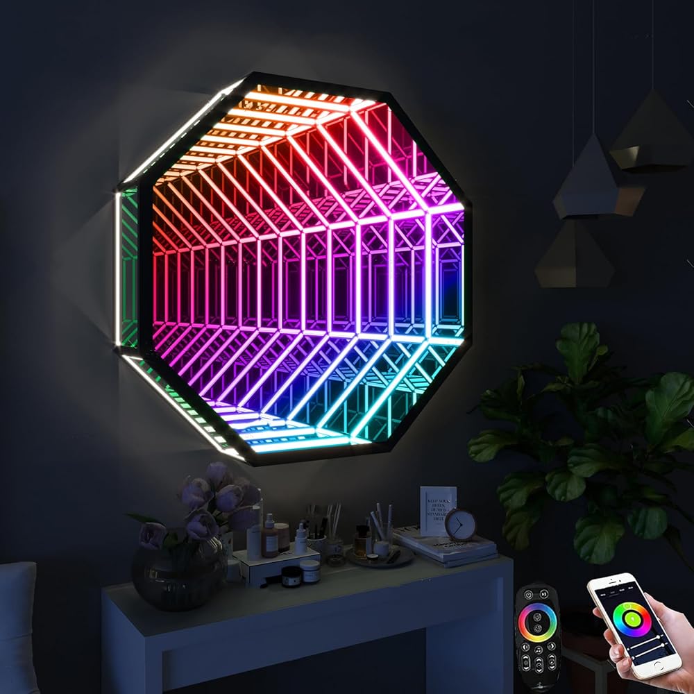 3D Mirror Tunnel Light, APP Remote Control Infinity Lamp, Octagon Multicolor Tunnel Lamp Infinity Light Wall Hanging Lights for Home Bedroom Living Room Party Bar Gaming Decor, 19.7