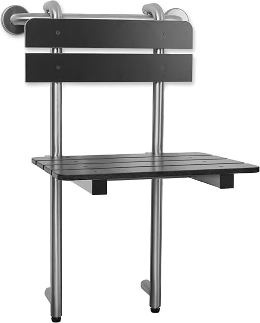 Portable Hanging Profile Bench Shower Seat with 18-inch Grab Bar, Grab Bar Supported, Stainless Steel, Black