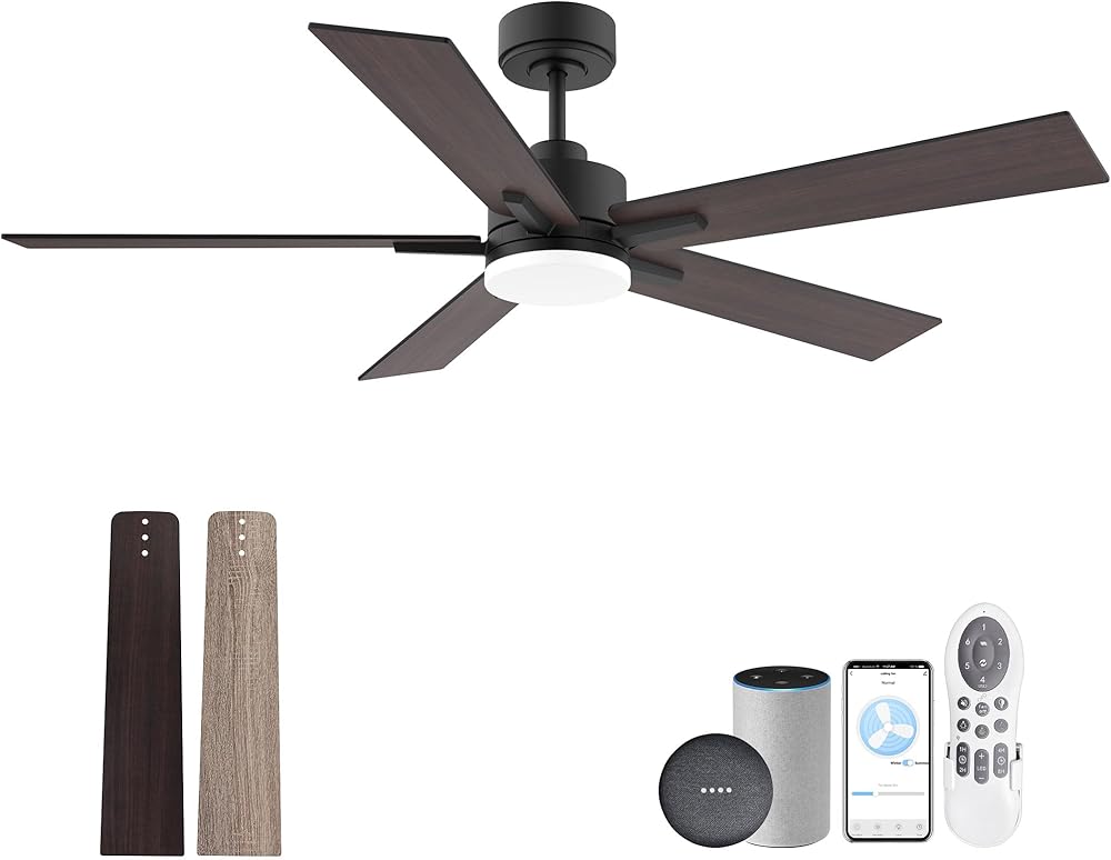 52” Smart Ceiling Fan with Lights Remote,Ultra Silent DC Motor,Control via Alexa Google Voice App Wifi,Outdoor Indoor Modern Ceiling Fans for Bedroom Patio Porch,Dimmable,Black Walnut Brown