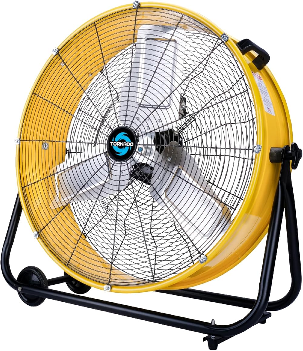 24 Inch High Velocity Heavy Duty Tilt Metal Drum Fan Yellow Commercial, Industrial Use 3 Speed 8540 CFM