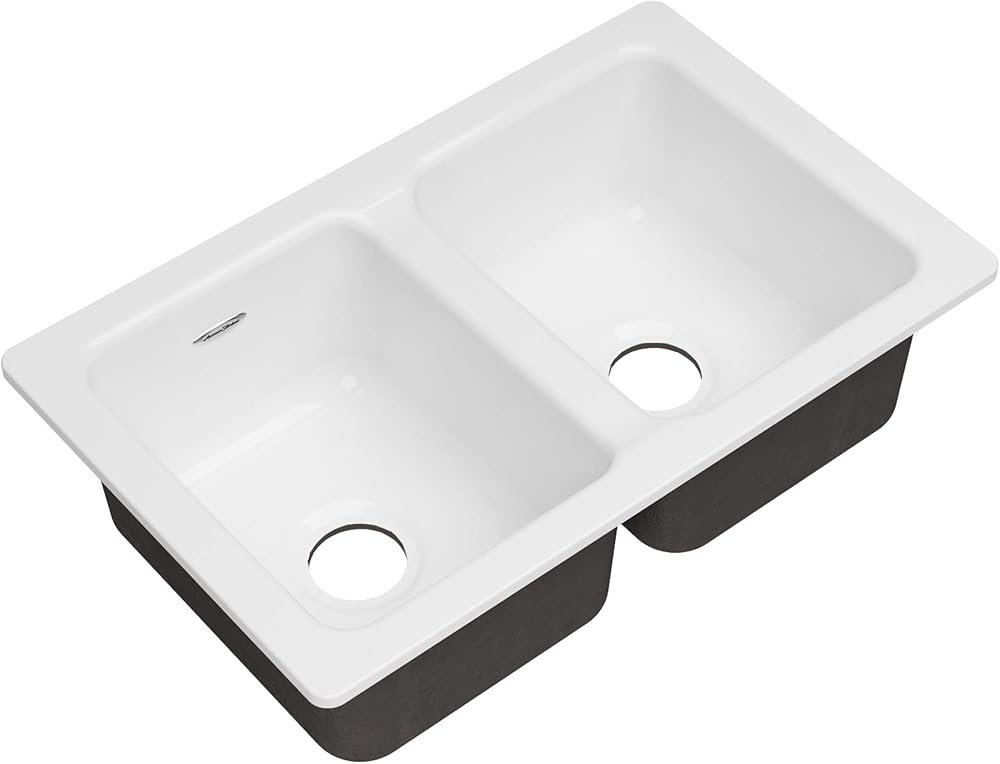 American Standard 77DB30190.308 Delancey 30x19 Double Bowl Cast Iron Kitchen Sink, Brilliant White