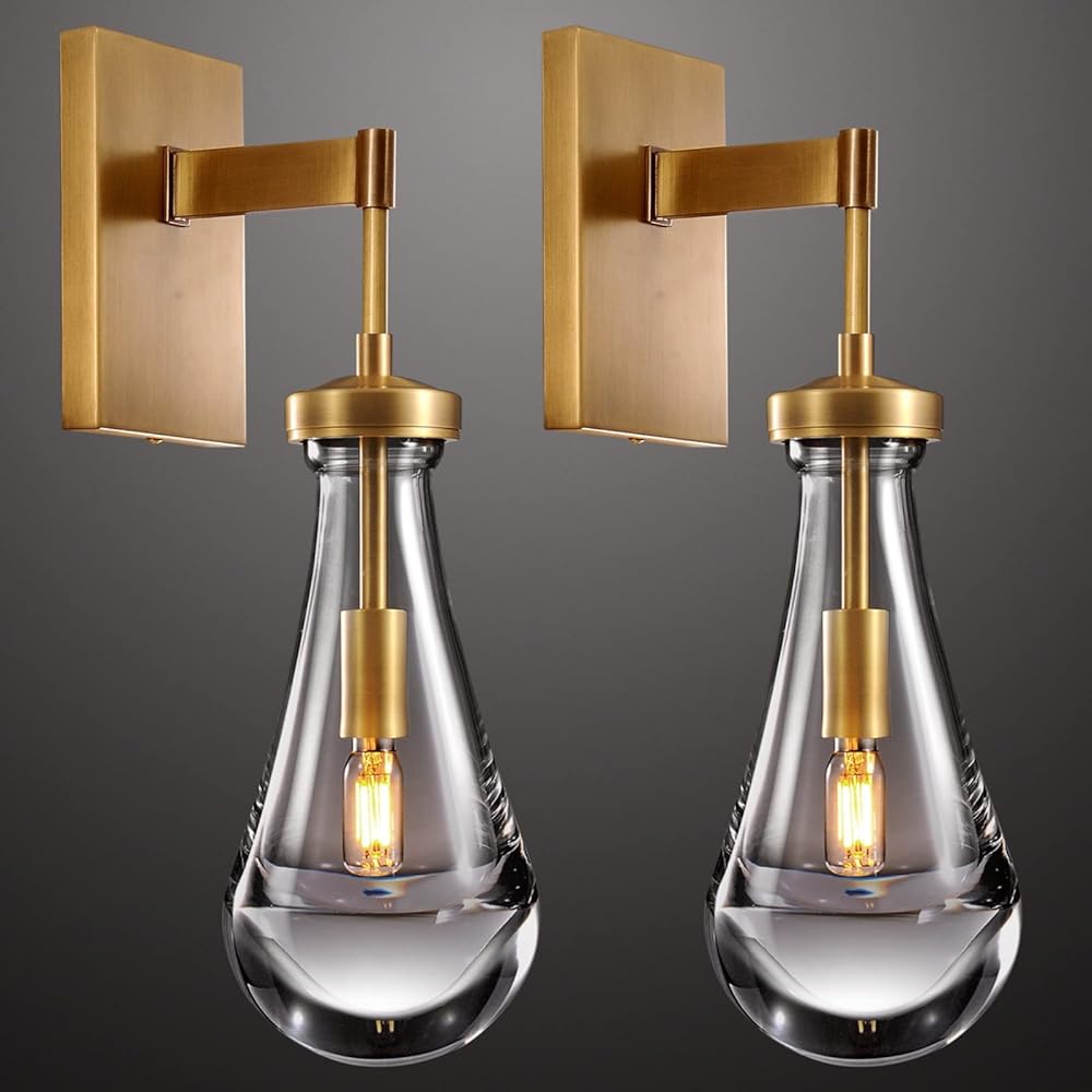 Gold Wall Sconces Set of Two, Dimmable Raindrop Sconces Brass Sconces Wall Lighting Bedroom Luxury Glass Wall Light for Living Room, Indoor Wall Lamp for Bathroom, Hallway