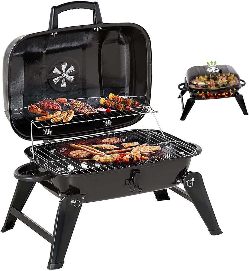 Charcoal Grill, Portable Outdoor Barbecue Grills with Lid, Tabletop Grill BBQ and Smoker, Anti-Scalding Handle Design, Folding Legs, for Patio Backyard Camping