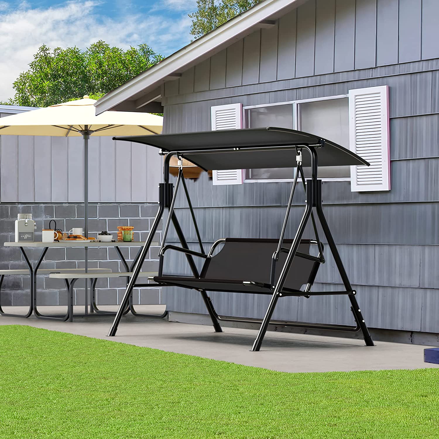 Dextrus 3 Person Porch Swing Heavy Duty Outdoor Patio Swing Chair with Adjustable Canopy Weather Resistant Steel Frame , Black