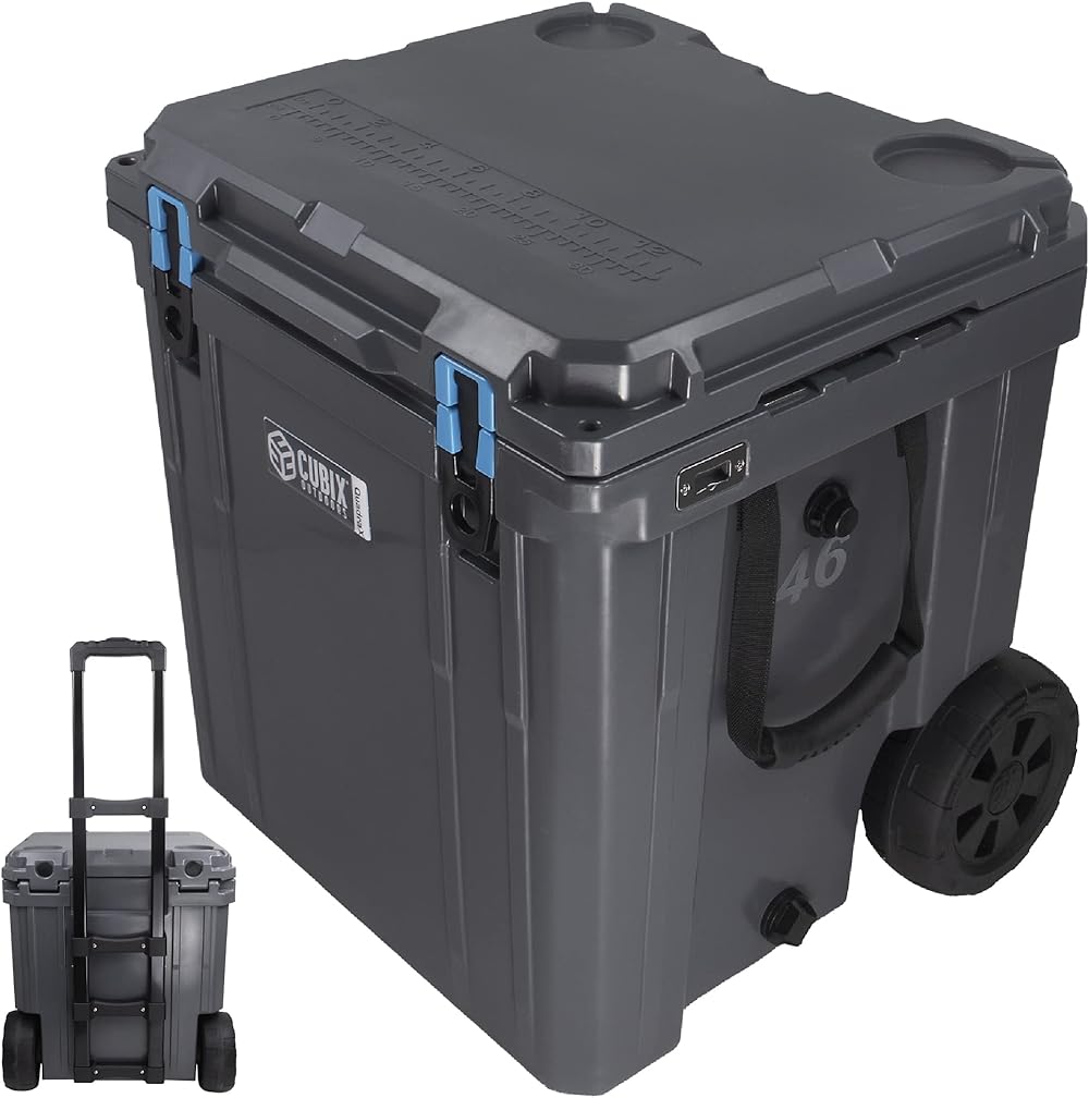 QuadraX 46QT Wheeled Rotomolded Portable Hard Cooler for Camping, Fishing, Beach | Heavy Duty Insulated Ice Chest with Wheels and Handle | Cold Retention 5 Days