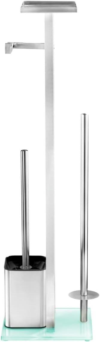 WENKO Free Standing 3 Piece Bathroom Accessory, Brush Tissue Roll Holder, Paper Dispenser, Toilet Set, Chrome Glass, 27.55 x 7.08 x 7.87 inc, 8.3 x 27.8 x 7.1 inch, White