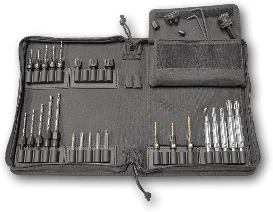 Snappy Tools Deluxe Tool Book, Maker's Edition, 5-Pc. Countersinks, 5-Pc. Drill Adapters, 5-Pc. Hinge Bits, 5-Pc. Driver Bits, 3-Pc. Plug Cutters, 3-Pc. Counterbores, 1-Pc. Stop Collar, 1-Pc. Chuck