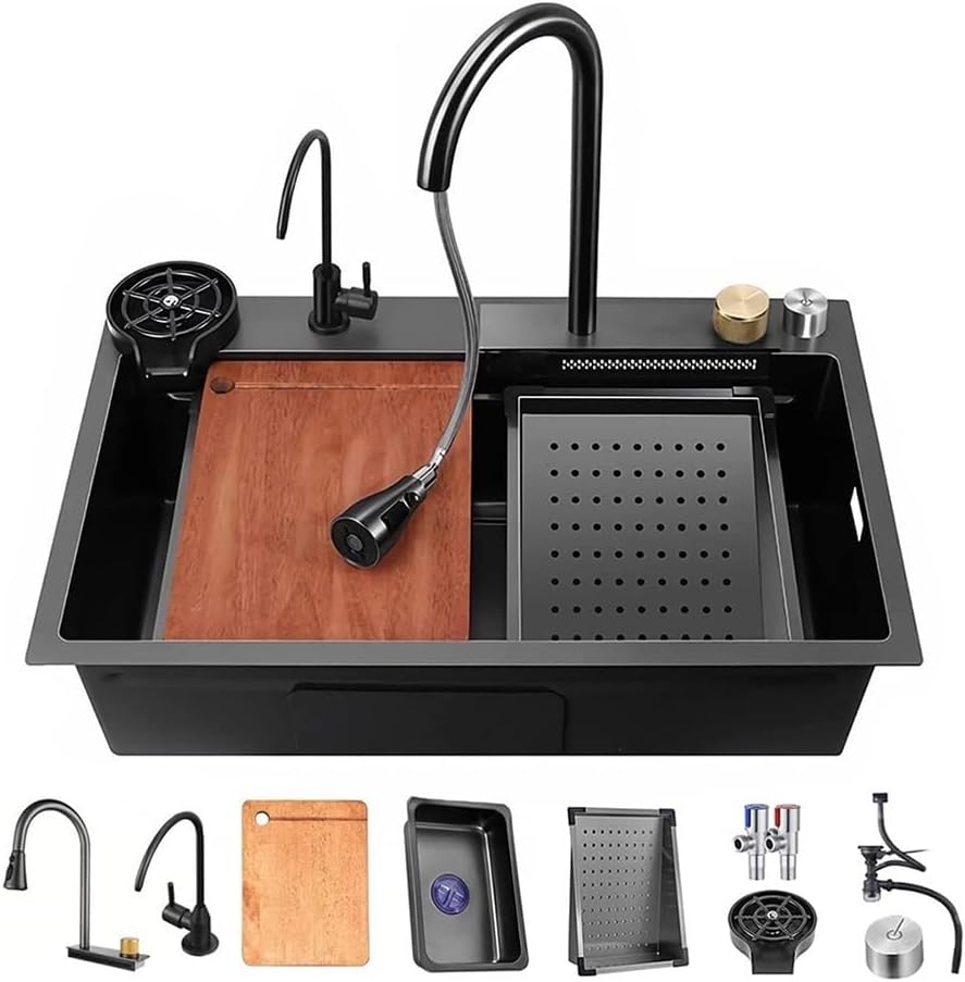 Black Waterfall Kitchen Sink, Drop in Single Bowl Stainless Steel Bar Sink with Cup Washer Sinks, Topmount Workstation Kitchen Sink with Accessories (Size : 33.5 x 17.7in)