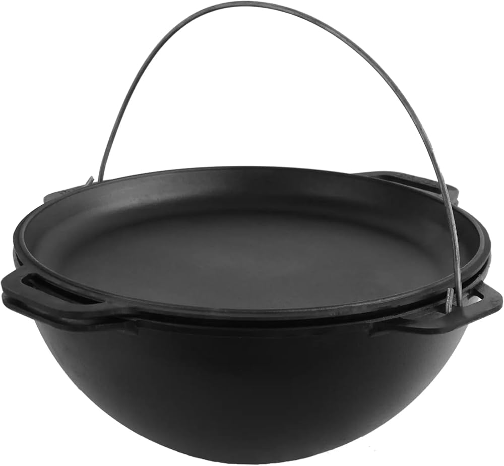 Heavy Duty Cast Iron Traditional 15 L Kazan Uzbek Skillet Discada Cookware Plov Wood Fire Oven Dutch Wok Казан Плов + Lid - Outdoor Cooking Frying Pot - Cooking Gifts