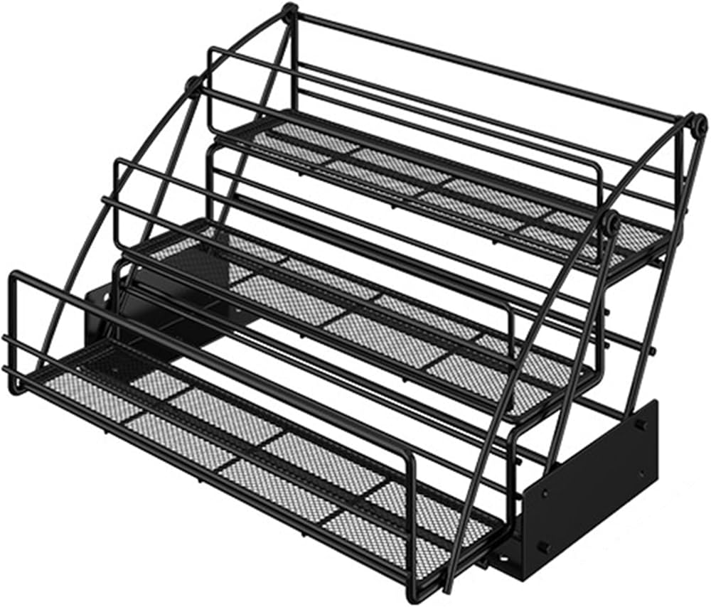 3 Tier Pull-Down Shelving System, Steel Drop Down Spice Rack with Anti-Slip Pads for Tall Kitchen/Bathroom Cabinets, Bear 10kg, for Cabinet Length ≥14.6'' (Color : Black, Size :