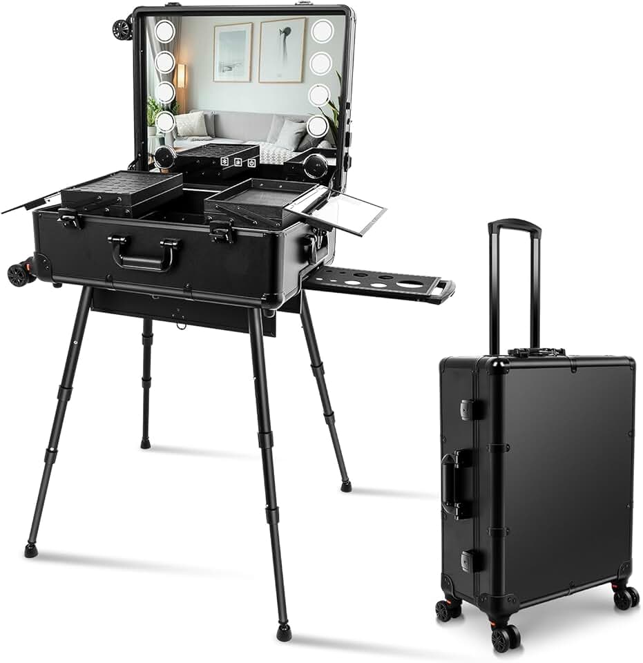 FAHKNS Aluminum Trolley Makeup Train Case 8 LED Light, Make Mirror with Lights Rolling Case, Rolling Makeup Case with Legs, Vanity Suitcase with Lights Black