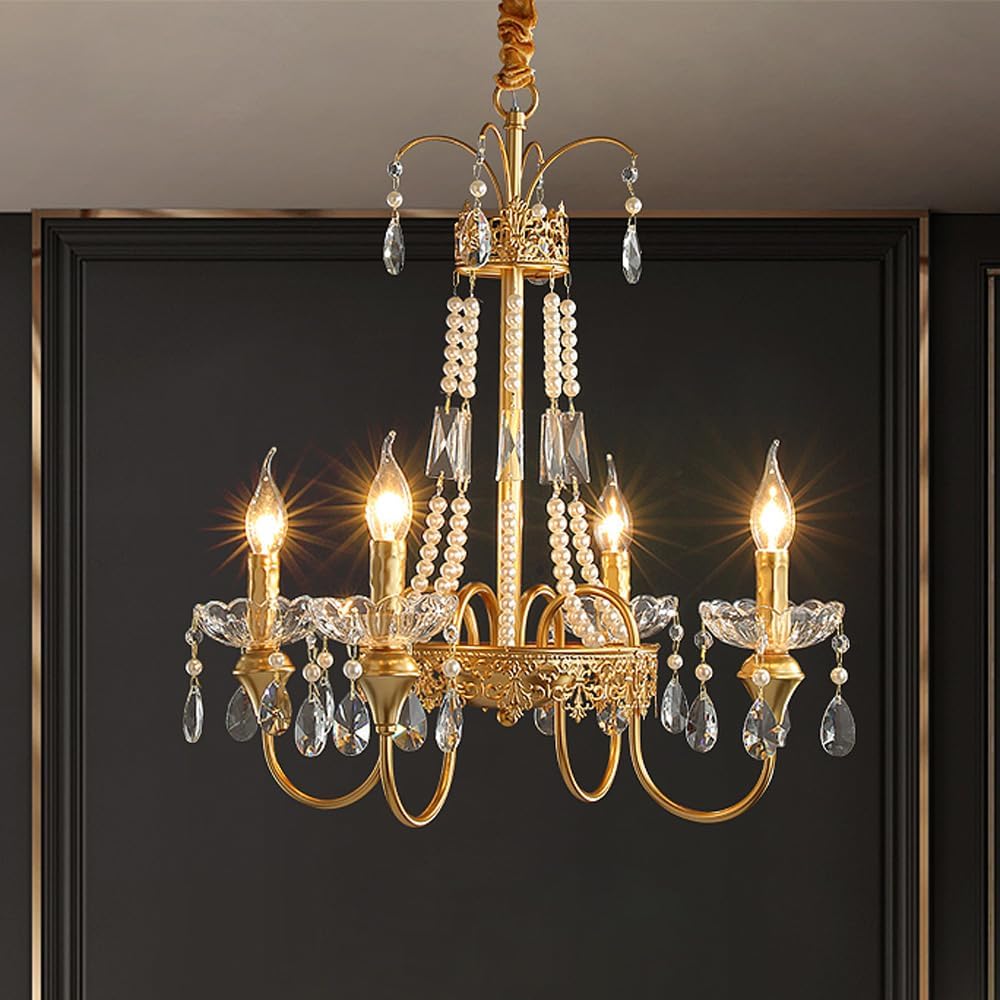 4 Lights Vintage Crystal Chandeliers for Dining Room French Country Gold Round Candle Chandelier for Foyer Pearl Deco Large Ceiling Pendant Light for Kitchen Island Living Room Bedroom