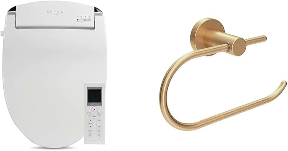 ALPHA BIDET JX2 Elongated Toilet Seat with Endless Warm Water, NEW Bowl Mist, Wireless Remote, Stainless Steel Nozzle, and Symmons Brushed Bronze Wall-Mounted Toilet Paper Holder