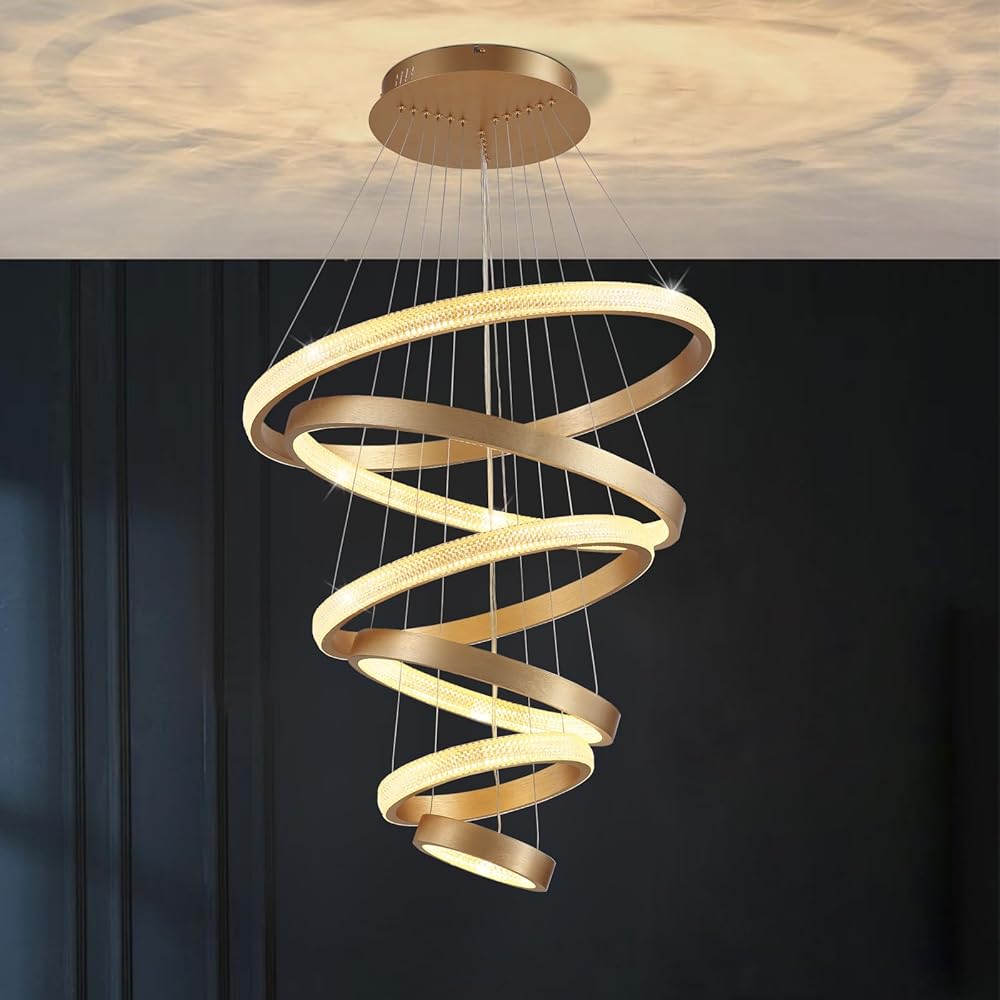 Modern LED Chandelier, Gold 6 Ring Crystal Chandelier, Large Luxury Pendant Light Fixture, Long Chandeliers for High Ceilings, Staircase, Entry, Foyer, Entryway, Living Room 28 Inch