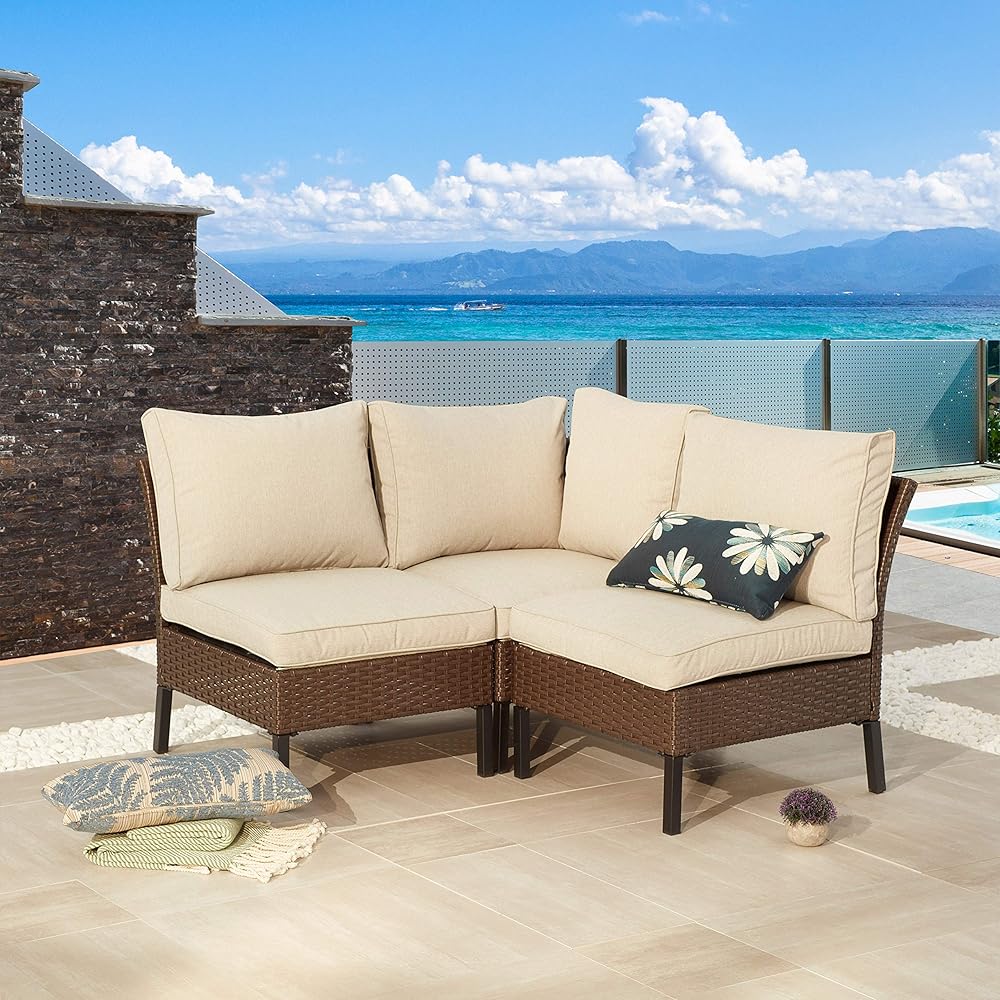 LOKATSE HOME Outdoor Rattan Conversation Set of 3 Wicker Metal Patio Furniture Sectional Include 1 Corner Sofa and 2 Armless Cushioned Chairs, Beige