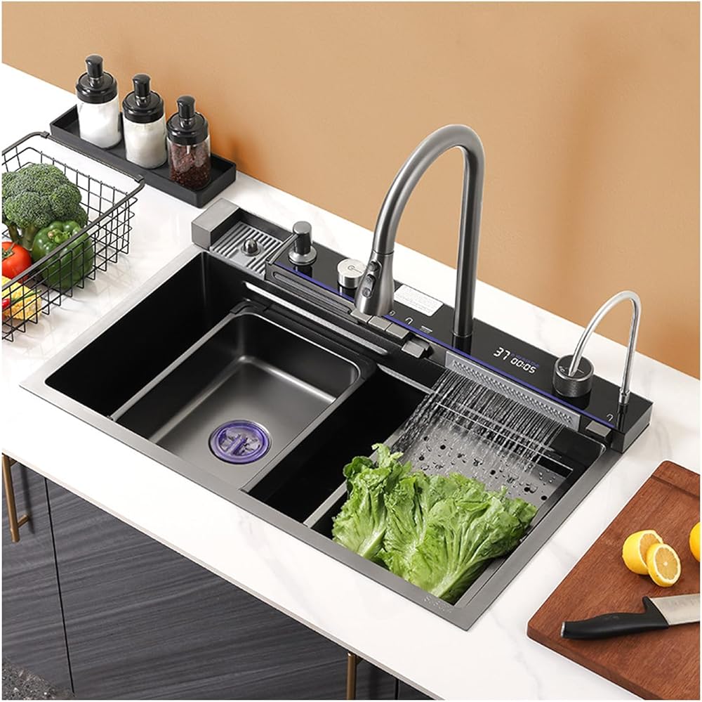 Waterfall Kitchen Sink, Single Bowl Kitchen Sinks, Flying Rain Waterfall Kitchen Faucet With Pull Down Sprayer, Nano Stainless Steel Sink With Multiple Functions, Gray (29.5 X 17.7 X 8.1 Inch)
