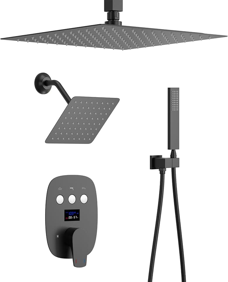 Shower System Black Shower Faucet Set, Water Temperature Display Full Body Shower System with Handheld Spray, Ceiling Mount 12 Inch and 8 Inch Wall Mount Rain Dual Shower Head Set