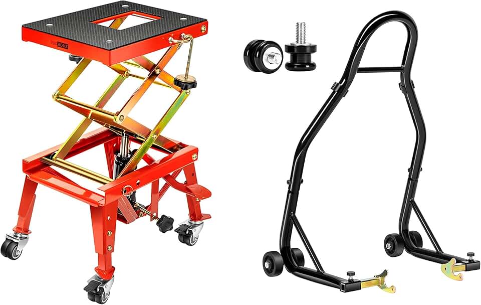 VIVOHOME Heavy Duty Hydraulic Motorcycle Lift Table Foot Operated ATV Dirt Bike Scissor Jack Stand with Motorcycle Rear Wheel Lift Universal Sport Bike Swingarm Spool Paddock Stand Combo