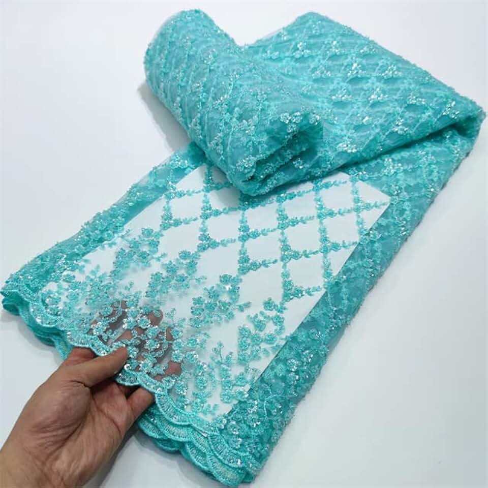 MARHAFABRIC African Arrival Gray Net Lace Handmade Sequins French Tulle Luxury Beads 5 Yards Lace for Wedding Bride Dress Lace Fabric for Bridal Wedding Prom Evening Dress