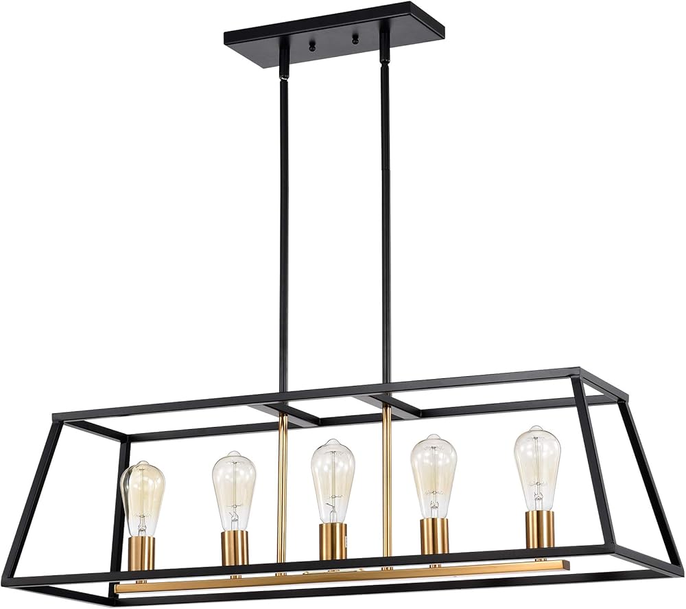 ACLand 5-Light Linear Chandelier Industrial Farmhouse Kitchen Island Pendant Light Fixture with Metal Frame in Matte Black and Polished Brass Finish for Dining Room, Restaurant, Bar
