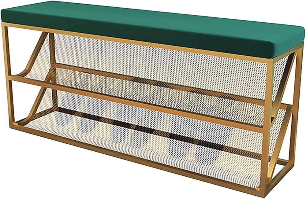 Shoe Storage Bench Entryway Hallway Furniture, Entryway Shoe Rack Bench 2-Tier Storage Organiser with Seat and Metal Frame for Entryway Hallway Living Room(Green,60 * 25 * 48cm)