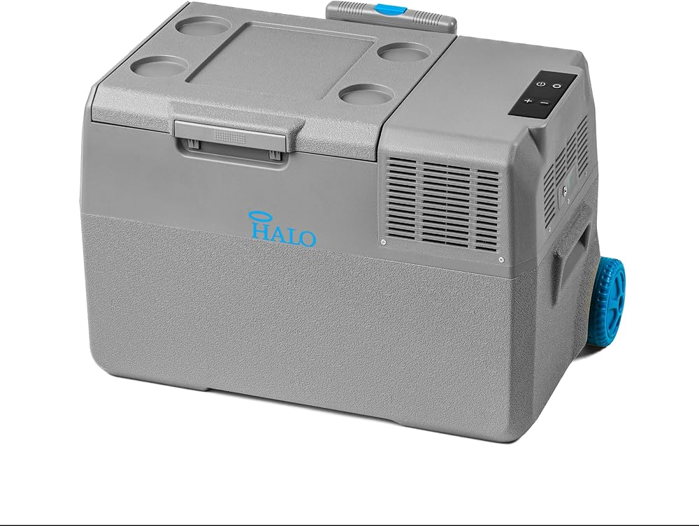 Halo Power Electric Cooler, Portable Fridge & Freezer with Iceless Design, 12/24V DC and 100-240V AC for Camping & Vehicles, 23 QT Storage Capacity
