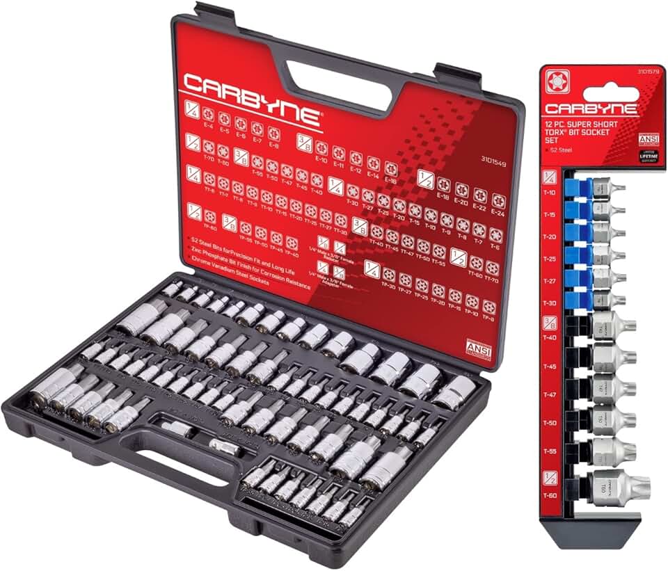 CARBYNE 62 Piece Master Torx Bit Socket Set & Torx External Socket Set AND 12 Piece Super Short Torx Bit Socket Set (T-10 to T-60). 74 Pieces – Super Short, Standard and Extra Long Torx Bit Sockets.