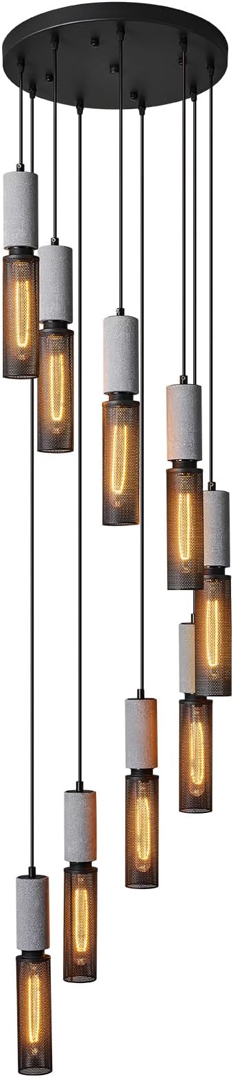 9-Light Concrete Linear Black Pendant Light with a Metal Mesh Shade,Staircase Large Chandelier Lobby Living Room Bedroom Foyer High Ceiling Chandelier