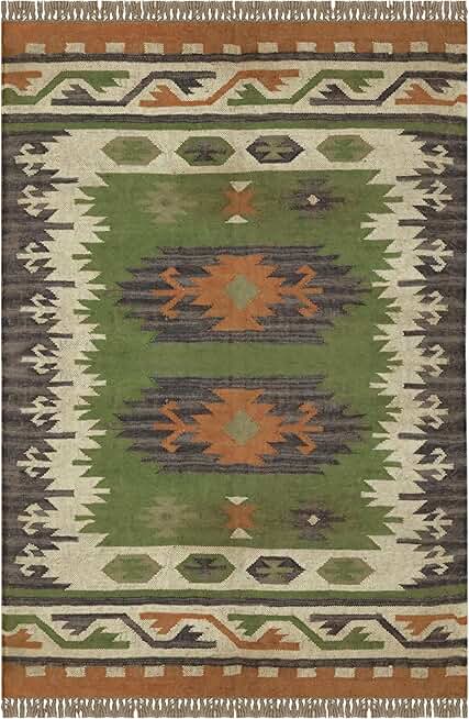Kilim Rug 8x11 Area Rug Southwestern Hand Woven Rug Green Brown Wool Jute Kilim Rugs for Living Room Indoor Outdoor Use Boho Rug Flatweave Wool Jute Area Rugs for Bedroom Living Room
