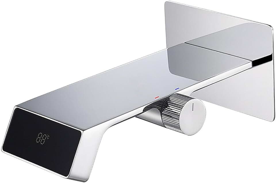 Waterfall Bathroom Faucets, LED Temperature Display Bathroom Taps, Chrome Concealed Bathroom Sink Faucet with Ceramic Cartridge Hot and Cold Dual Control Brass