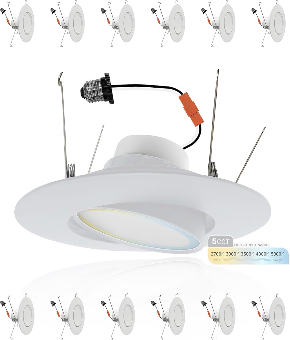 6 Inch 12 Pack White Trim Retrofit Gimbal LED Recessed Downlight, High Lumen, 1200lm, 16W, Selectable 5CCT 2700K,3000K,3500K,4000K,5000K Dimmable, Adjustable Lens Eyeball Light, ETL Listed