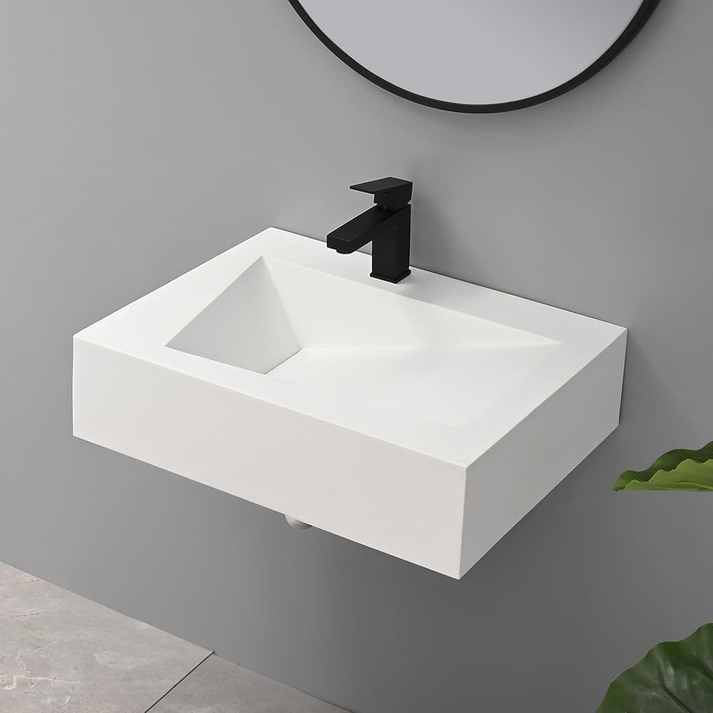 theiler 24”x19 Bathroom Vessel Wall Mount Floating Vanity Rectangle Modern Stone Resin Countertop Washing Corner Art Basin for Small Bathroom