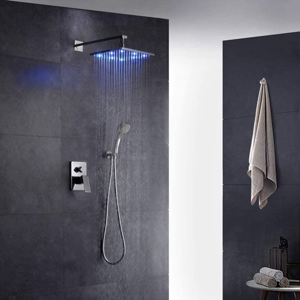 Bathtub Shower Systems Modern Hot and Cold Bathroom Shower Set in-Wall Concealed Luminous Copper Led Handheld Shower System 2 Function Square Top Spray Delicate Bathroom Fixtures