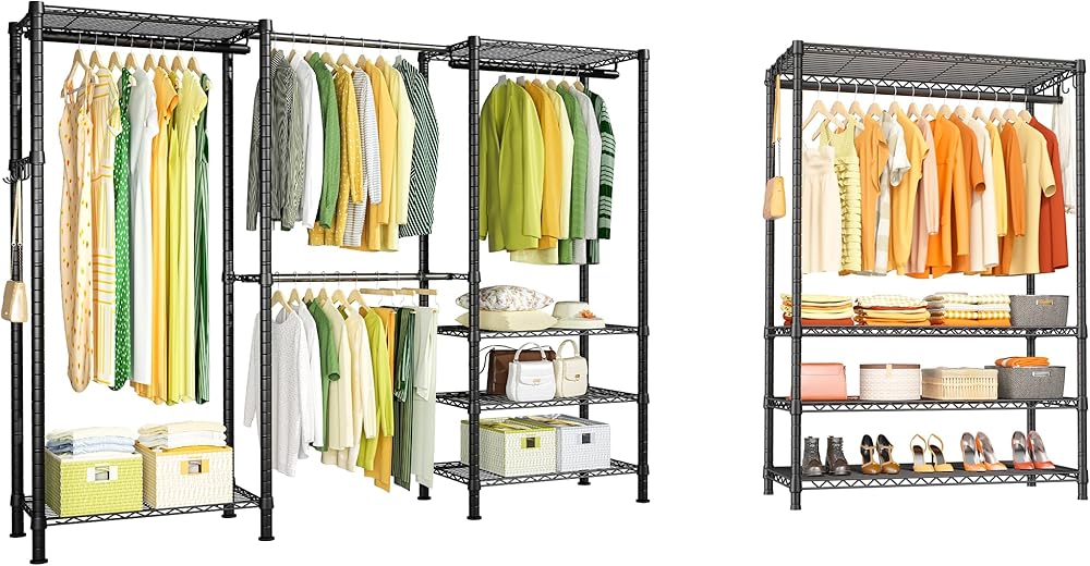 Ulif E1 and H4 Plus Black Garment Rack Bundle, Metal Clothes Rack and Closet Storage System with Shelves and Expandable Hanger Rods, Closet System Wardrobe for Hanging Clothing