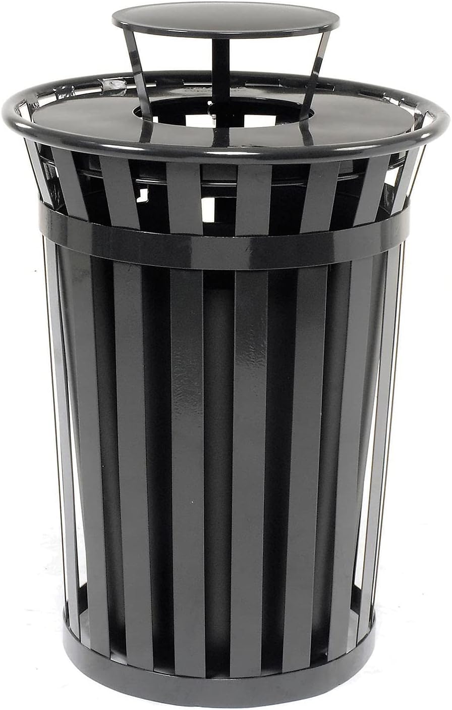 Global Industrial 36 Gallon Outdoor Metal Slatted Trash Receptacle with Rain Bonnet Lid, Black