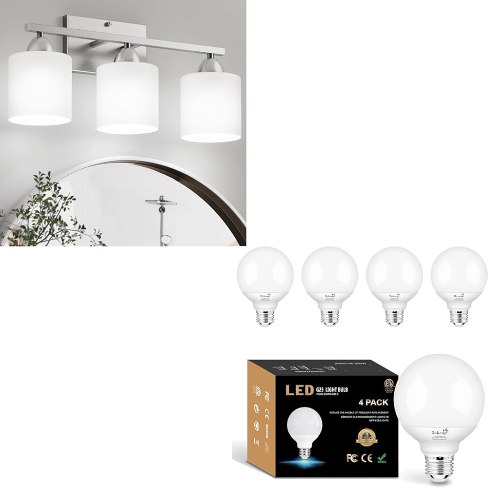 Anti-Rust 3-Light Bathroom Vanity Lights & 4 Pack G25 LED Globe Light Bulbs for Bathroom 5000K Daylight White