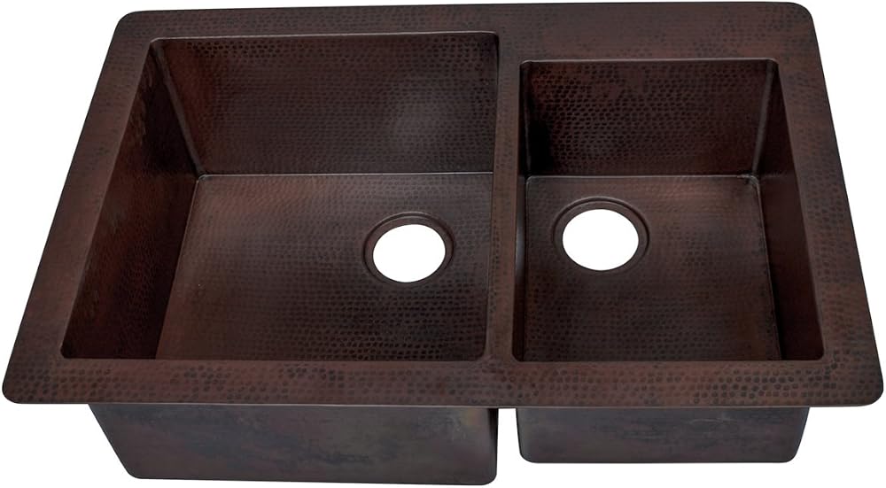 GUADALAJARA Copper Double Bowl Kitchen Sink, Antique