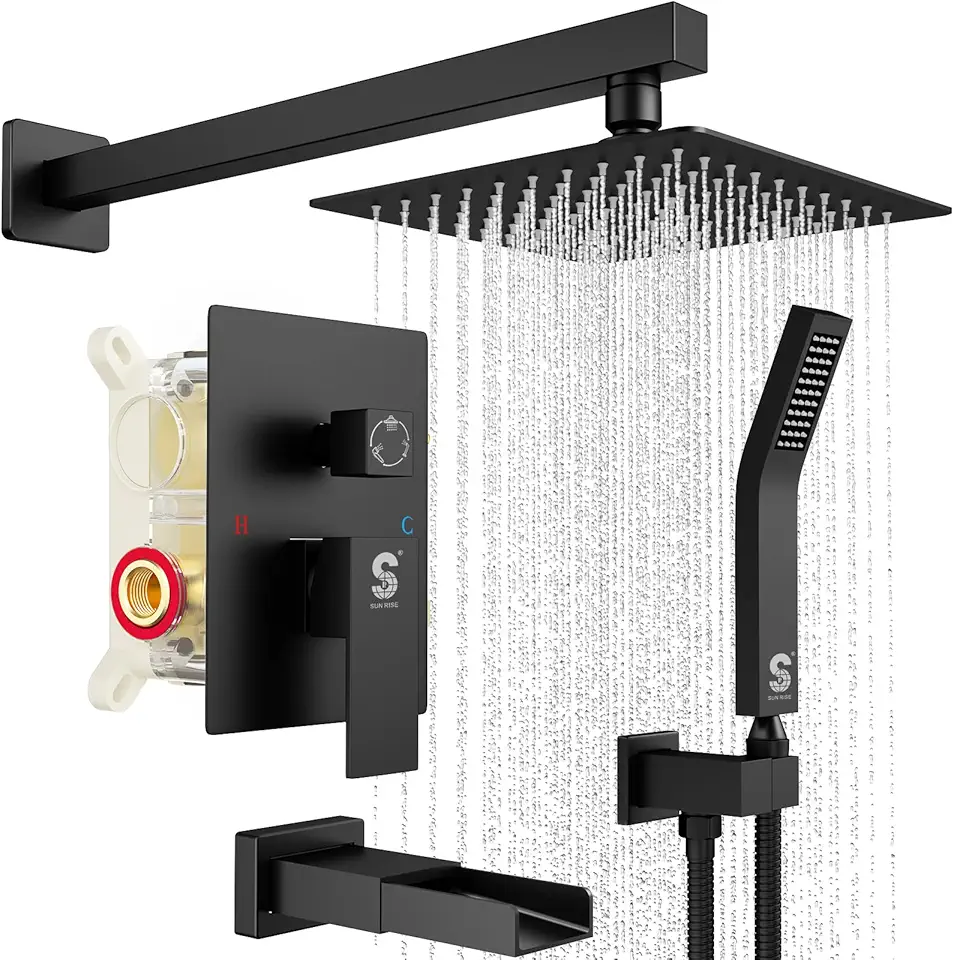 SR SUN RISE 8 Inches All Metal Bathtub and Shower Faucet Combo Shower System with Tub Spout, Shower Tub Faucets Sets Complete Shower Head with Handheld Shower Fixtures, Valve Included, Matte Black