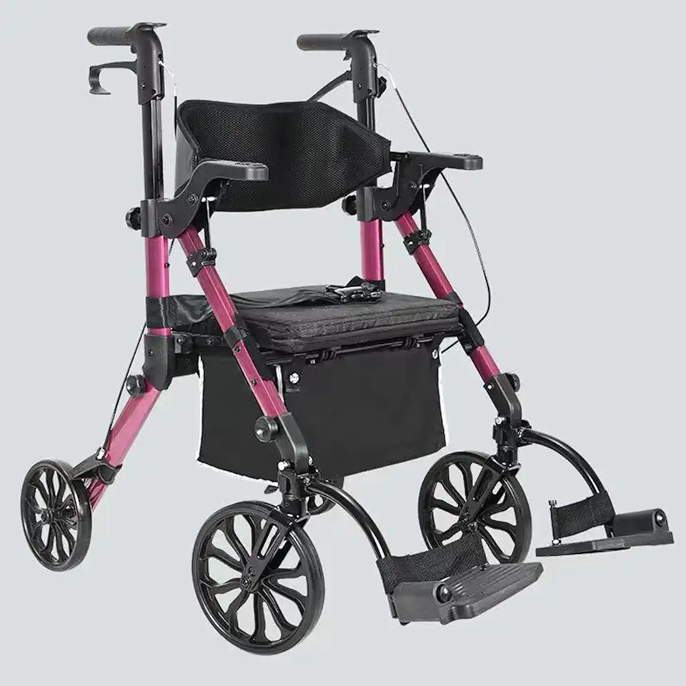 Pink,Apkaf Elderly Walking Aids Aluminum Alloy Seated and Foldable Walking Aid Walker Foldable Medical Rollator with Seat and Carrying Bag Mobility Aid for Elderly Disabled 4 Wheels Withstands 100Kg