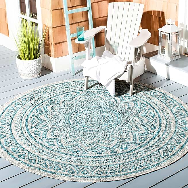 SAFAVIEH Courtyard Collection 9' Round Light Grey / Teal CY8734 Indoor/ Outdoor Waterproof Easy Cleaning Patio Backyard Mudroom Area Rug